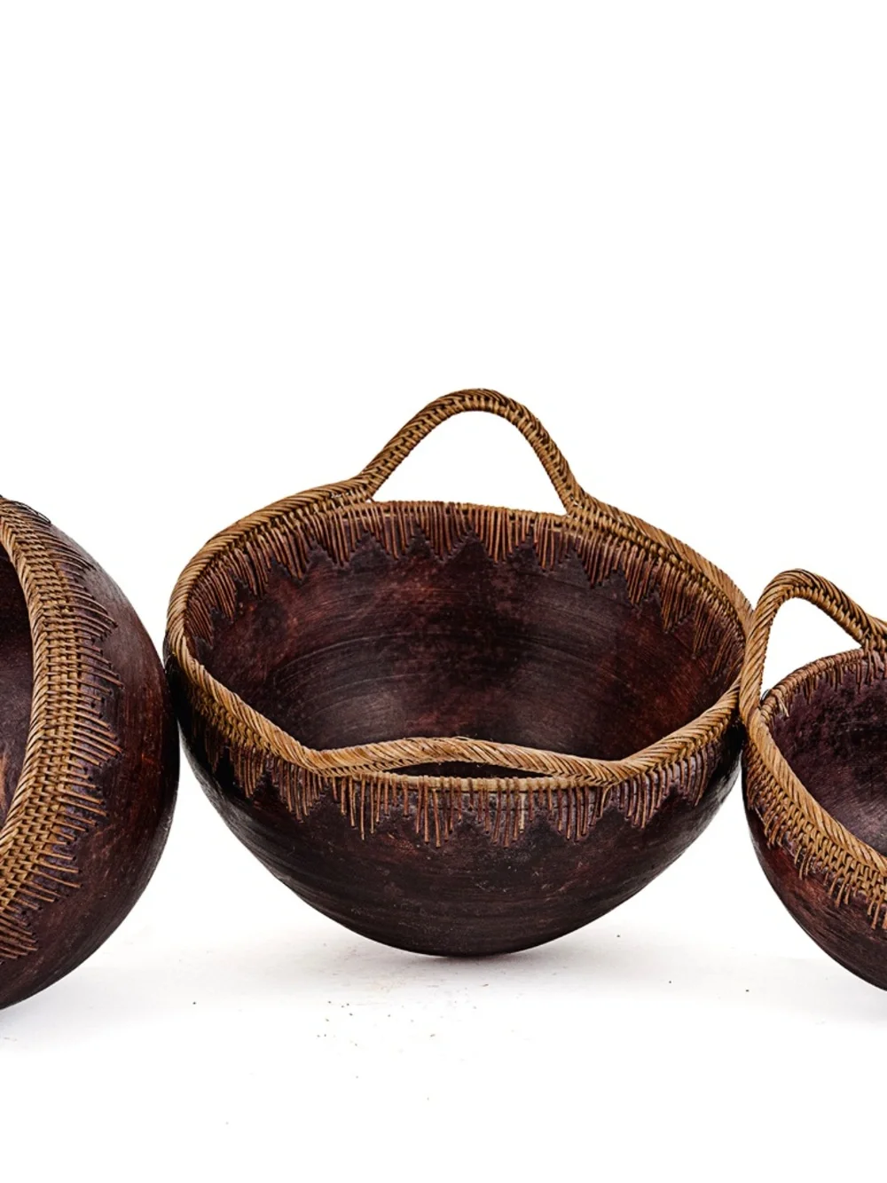 Vintage Indonesian Handmade Nesting Wooden Bowls With Woven Handles